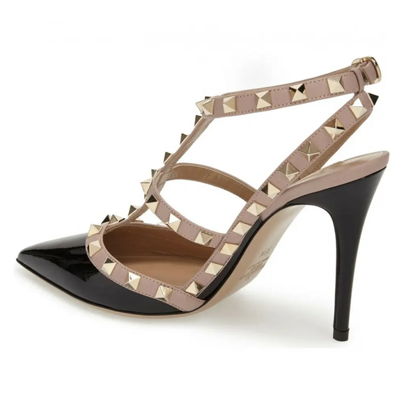 Valentino Rockstud Black Patent Poudre Nude Ankle T Strap Classic Heel Pump 39.5 - Picture 8 of 12